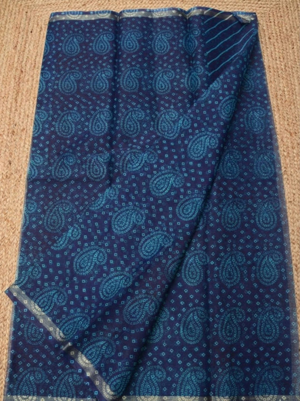 Indiehaat | Kota Doria Lehariya Bandhej Saree Blue