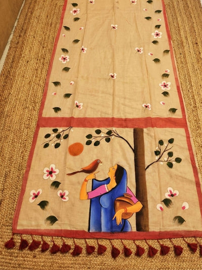 Indiehaat | Pure Mul Cotton HandPainted Saree Beige
