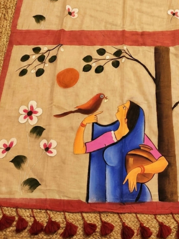 Indiehaat | Pure Mul Cotton HandPainted Saree Beige