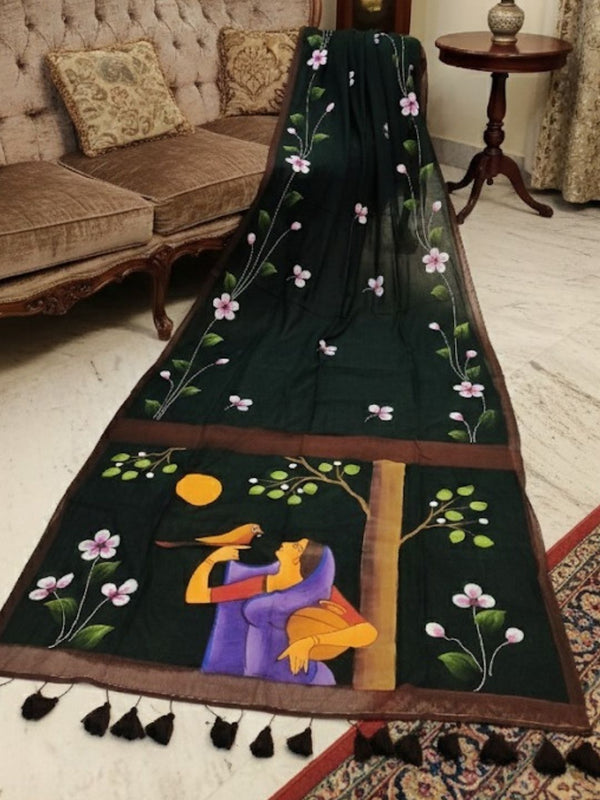 Indiehaat | Pure Mul Cotton HandPainted Saree Green