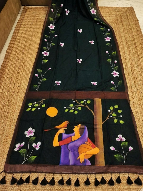 Indiehaat | Pure Mul Cotton HandPainted Saree Green