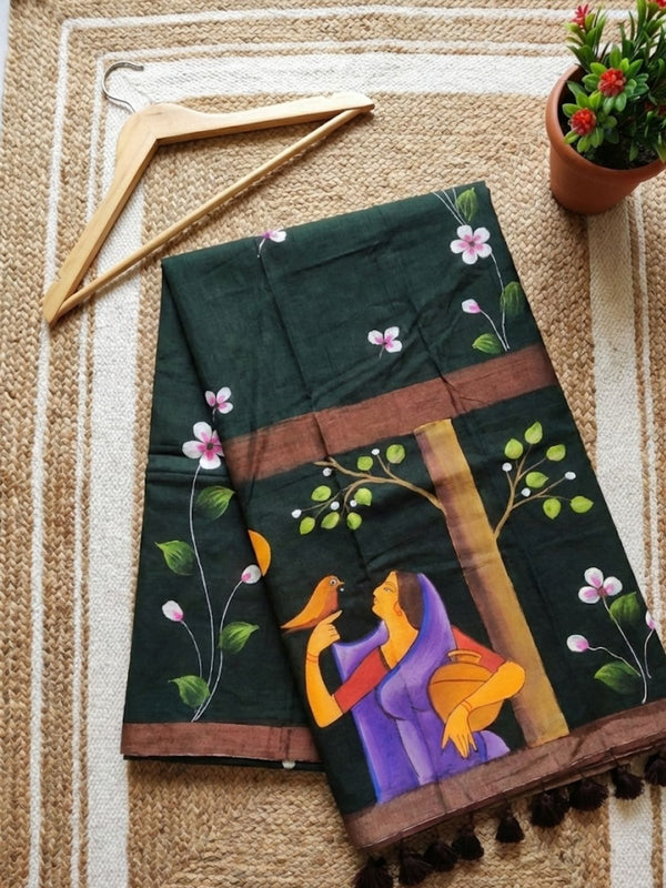 Indiehaat | Pure Mul Cotton HandPainted Saree Green