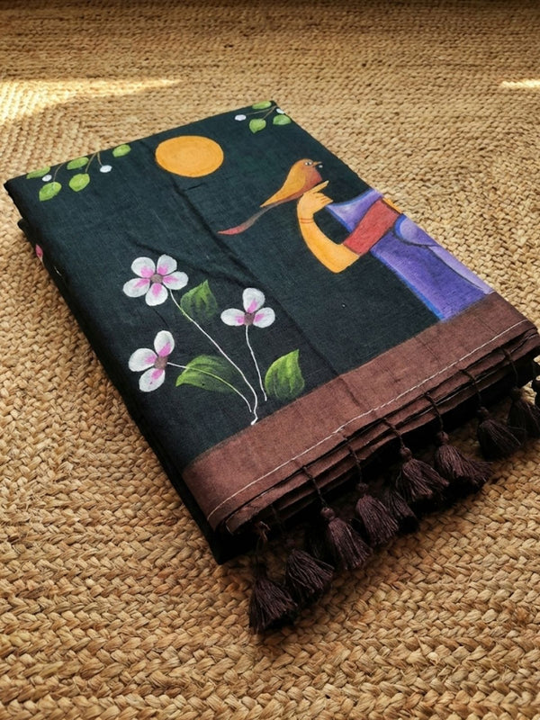 Indiehaat | Pure Mul Cotton HandPainted Saree Green