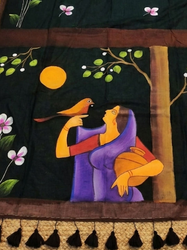 Indiehaat | Pure Mul Cotton HandPainted Saree Green