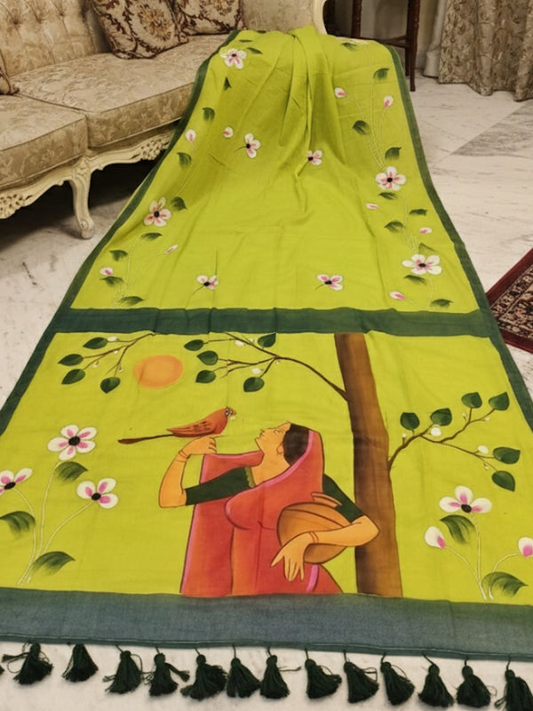 Indiehaat | Pure Mul Cotton HandPainted Saree Green