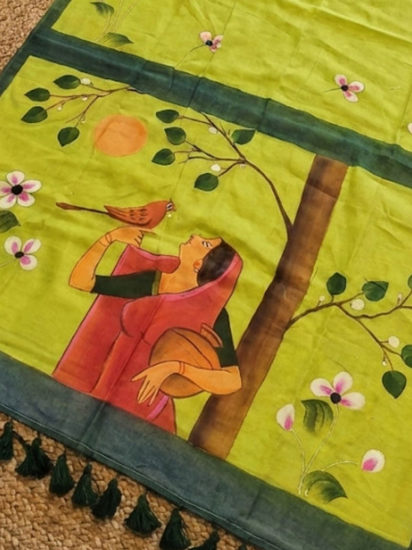 Indiehaat | Pure Mul Cotton HandPainted Saree Green