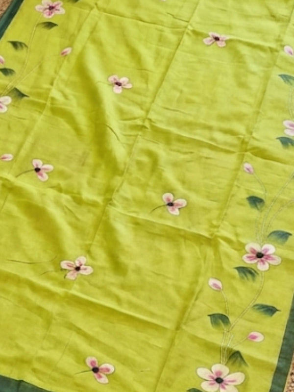 Indiehaat | Pure Mul Cotton HandPainted Saree Green