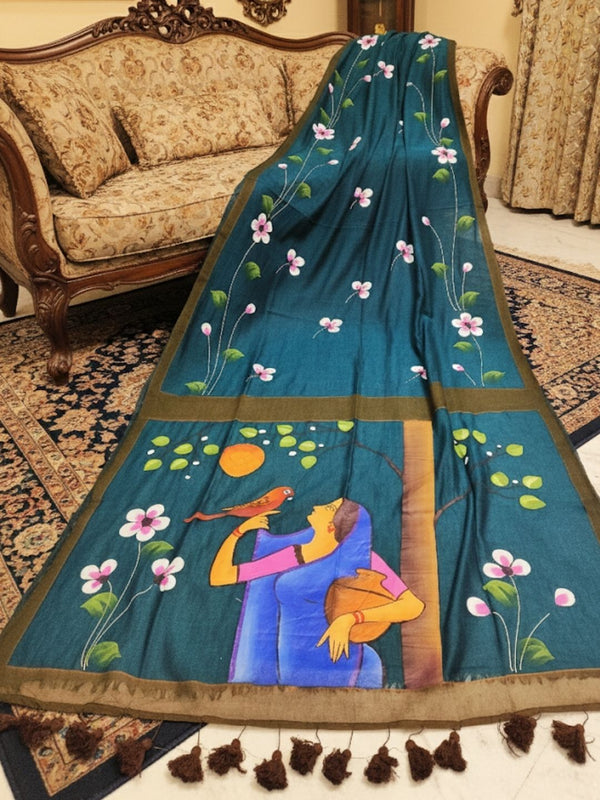 Indiehaat | Pure Mul Cotton HandPainted Saree Blue