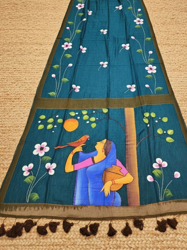 Indiehaat | Pure Mul Cotton HandPainted Saree Blue