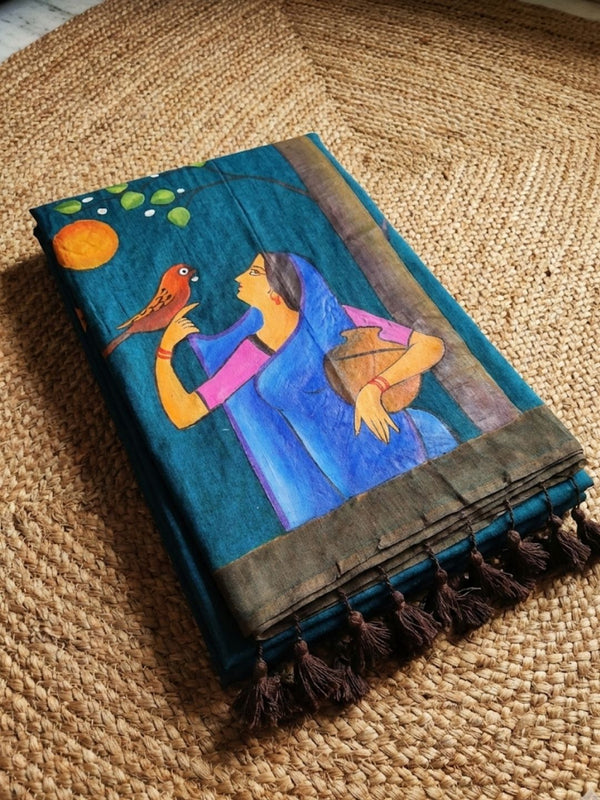 Indiehaat | Pure Mul Cotton HandPainted Saree Blue