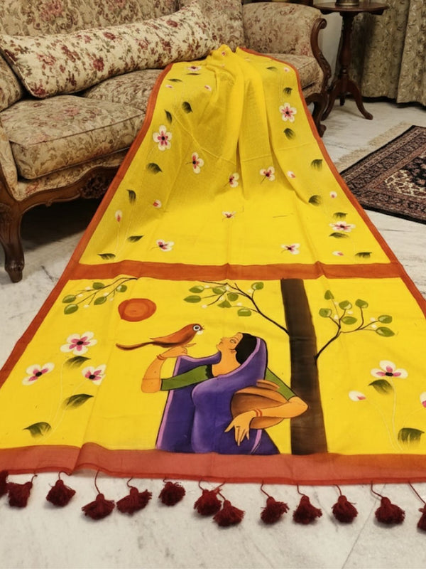 Indiehaat | Pure Mul Cotton HandPainted Saree Yellow