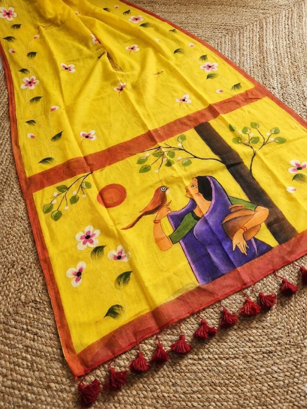 Indiehaat | Pure Mul Cotton HandPainted Saree Yellow