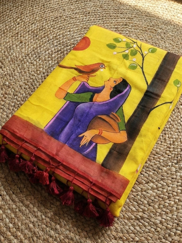 Indiehaat | Pure Mul Cotton HandPainted Saree Yellow