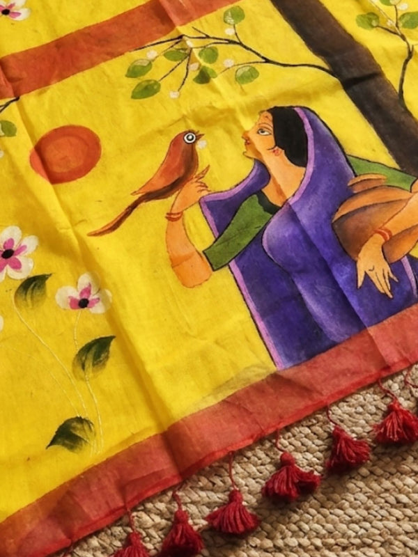 Indiehaat | Pure Mul Cotton HandPainted Saree Yellow