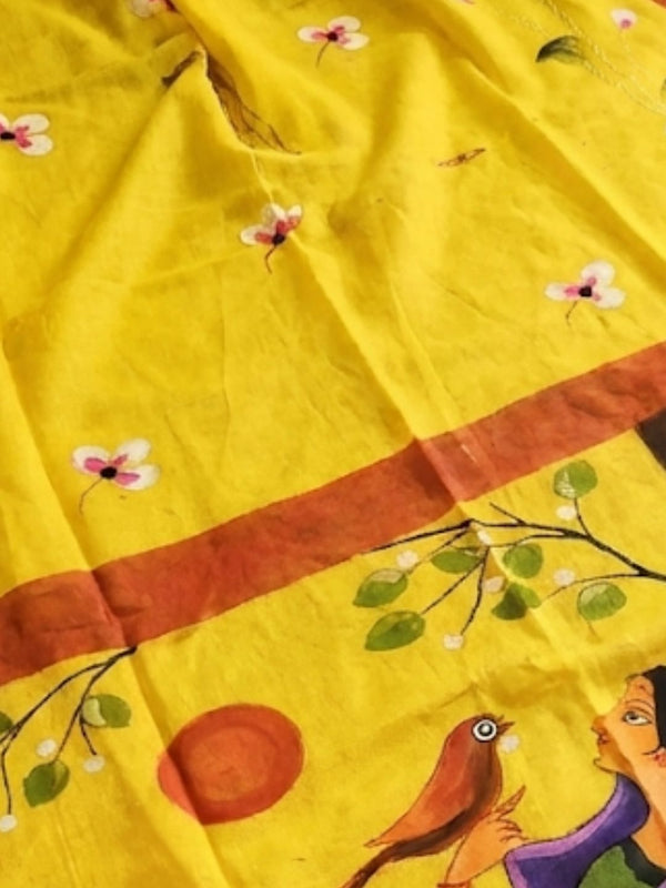 Indiehaat | Pure Mul Cotton HandPainted Saree Yellow