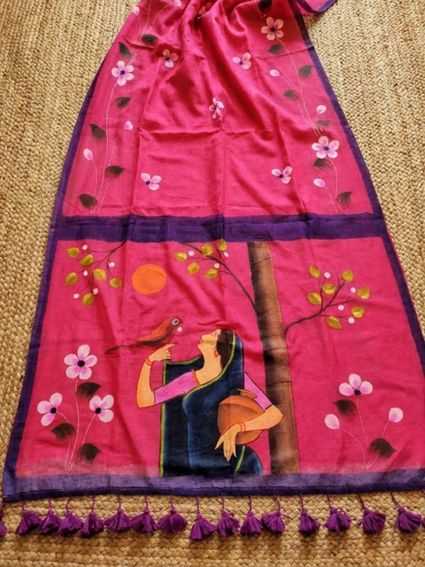Indiehaat | Pure Mul Cotton HandPainted Saree Pink