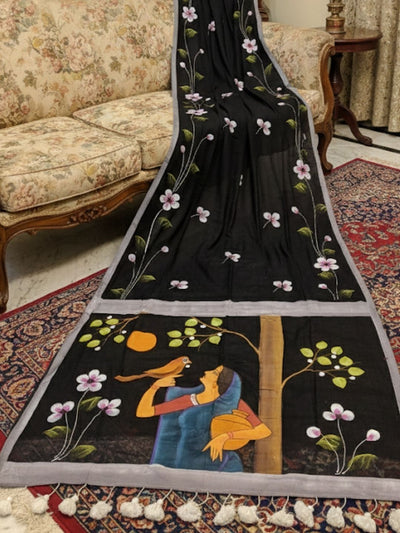 Indiehaat | Pure Mul Cotton HandPainted Saree Black