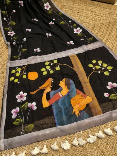 Indiehaat | Pure Mul Cotton HandPainted Saree Black