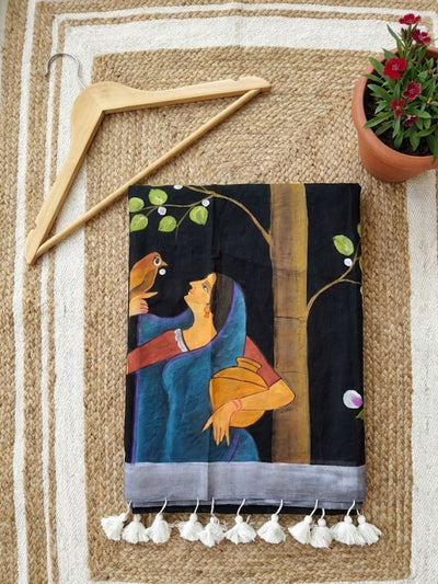 Indiehaat | Pure Mul Cotton HandPainted Saree Black