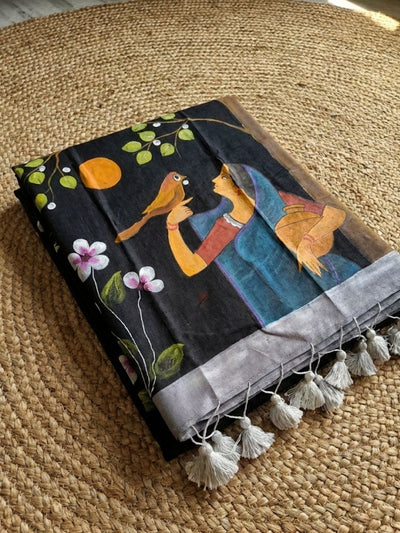 Indiehaat | Pure Mul Cotton HandPainted Saree Black