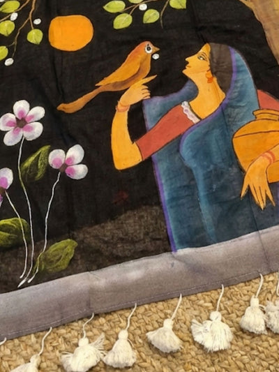 Indiehaat | Pure Mul Cotton HandPainted Saree Black