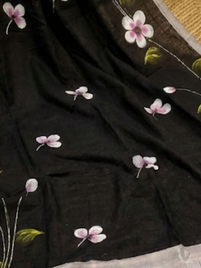Indiehaat | Pure Mul Cotton HandPainted Saree Black