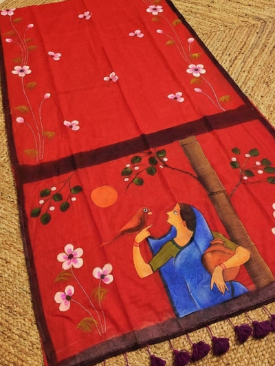 Indiehaat | Pure Mul Cotton HandPainted Saree Red
