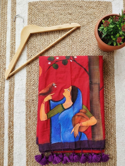 Indiehaat | Pure Mul Cotton HandPainted Saree Red