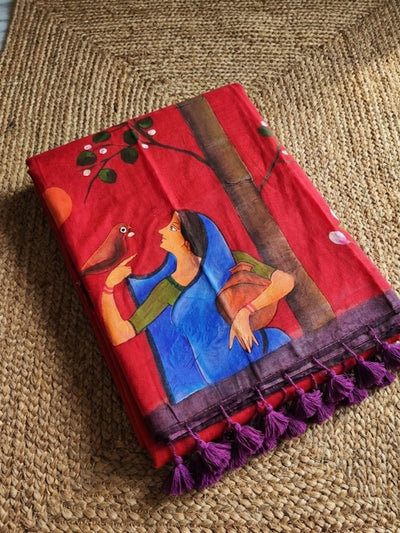 Indiehaat | Pure Mul Cotton HandPainted Saree Red