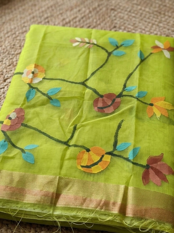 Indiehaat | Muslin Jamdani Silk Saree Handloom Green