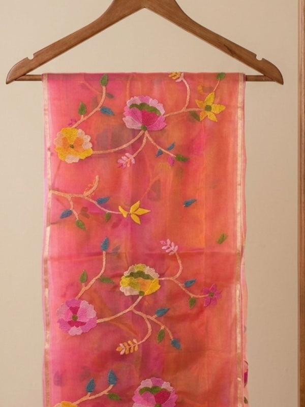 Indiehaat | Muslin Jamdani Silk Saree Handloom Pink
