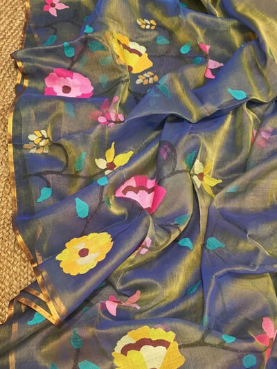 Indiehaat | Muslin Jamdani Silk Saree Handloom Blue