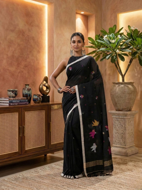Indiehaat | Pure Mul Cotton Handloom Saree Black