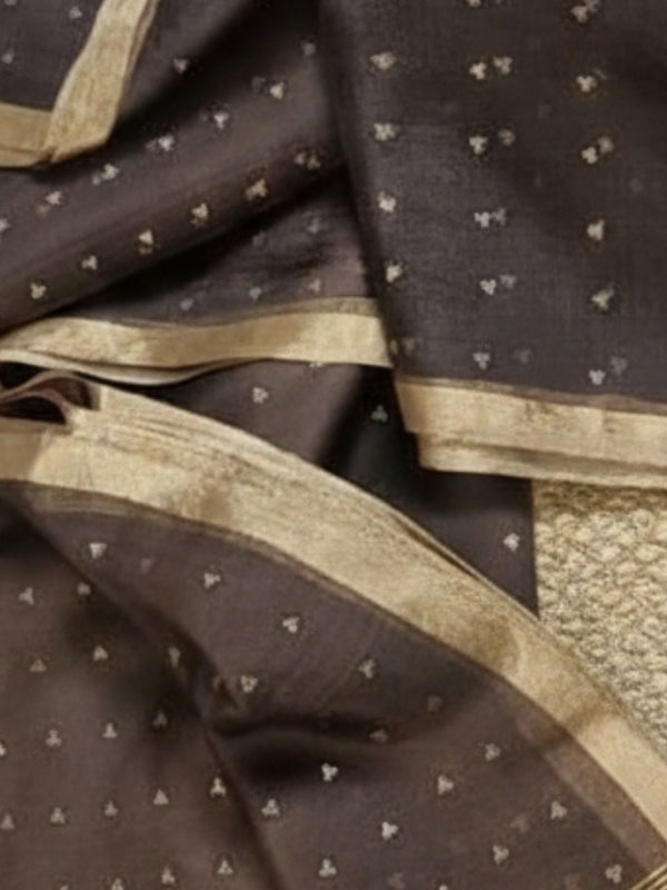 Indiehaat | Muslin Silk Jamdani Sequin Saree Brown