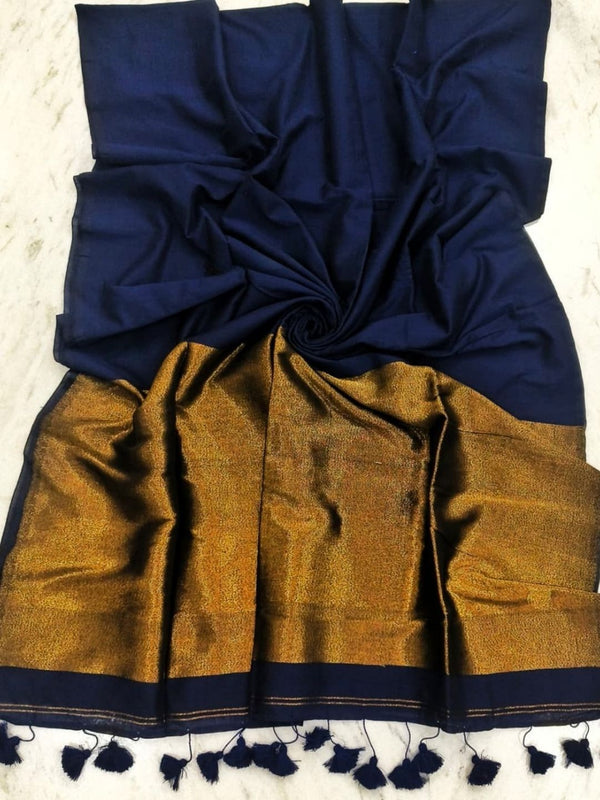 Indiehaat | Pure Cotton Handloom Zari Anchal Saree Blue