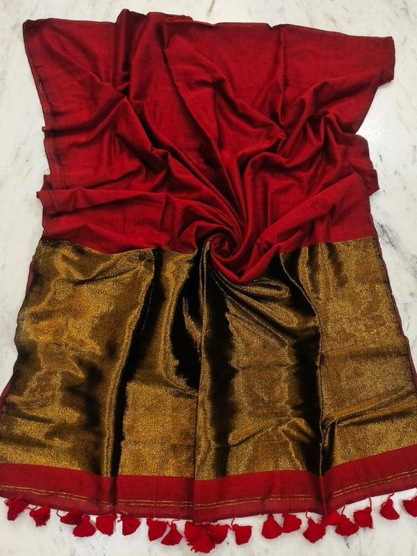 Indiehaat | Pure Cotton Handloom Zari Anchal Saree Red