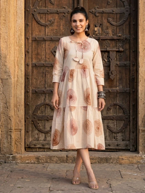 Indiehaat | Blockprinted Cotton Frill Dress Cream