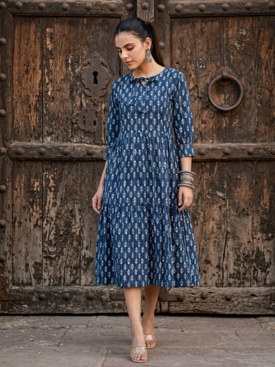 Indiehaat | Blockprinted Cotton Frill Dress Indigo