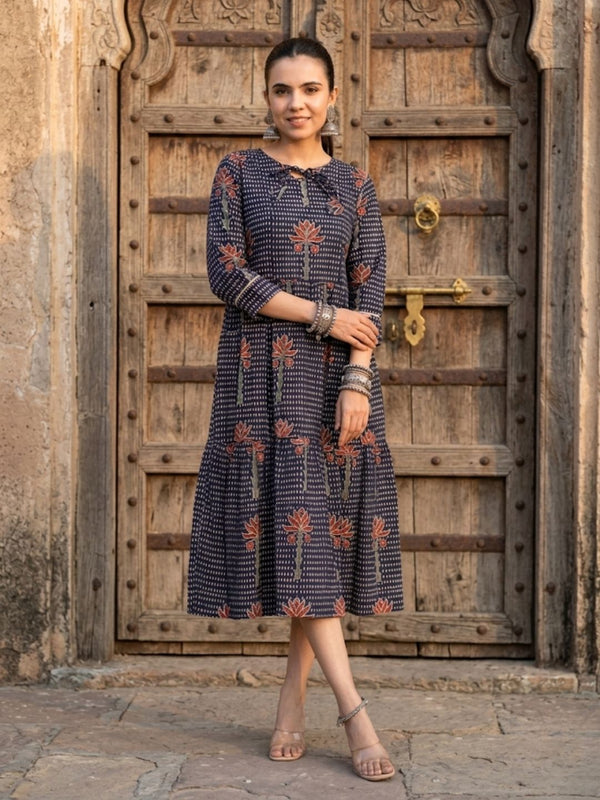 Indiehaat | Blockprinted Cotton Frill Dress Blue