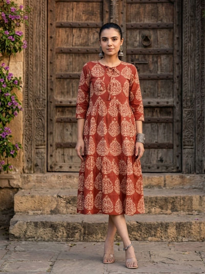 Avyra Cotton Blockprinted Frill Dress Burnt Orange