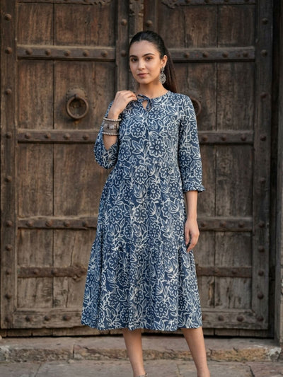 Avyra Cotton Blockprinted Frill Dress Steel Blue