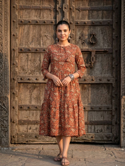 Avyra Cotton Blockprinted Frill Dress Earthy Brown