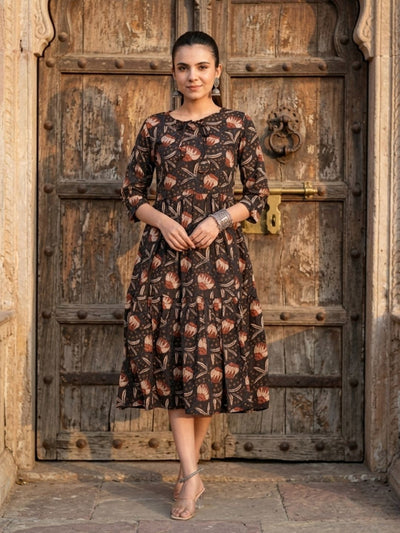 Avyra Cotton Blockprinted Frill Dress Dark Brown