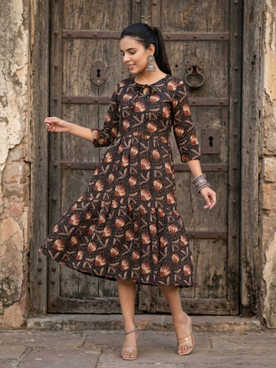 Indiehaat | Blockprinted Cotton Frill Dress Brown