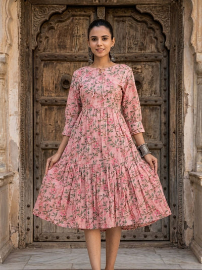 Avyra Cotton Blockprinted Frill Dress Soft Pink