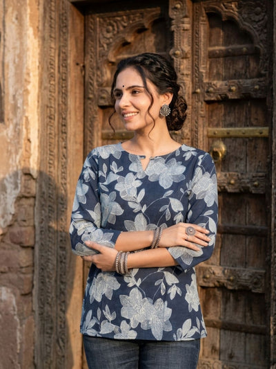 Indiehaat | Handprinted Pure Cotton Top Blue