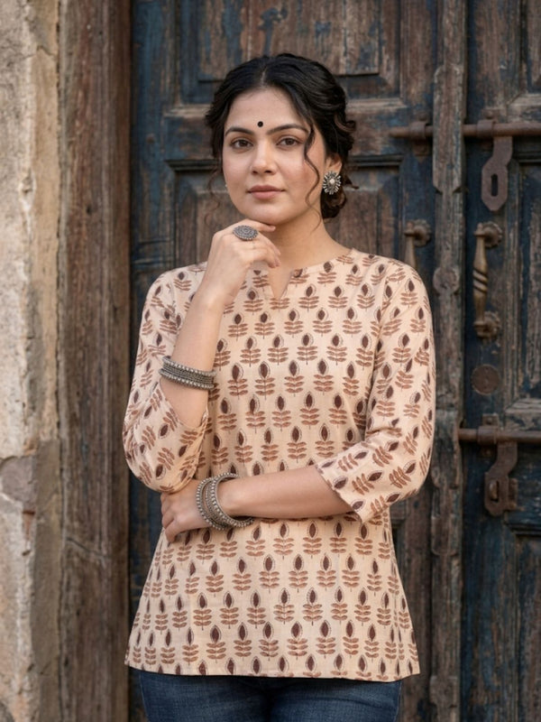 Indiehaat | Handprinted Pure Cotton Top Beige