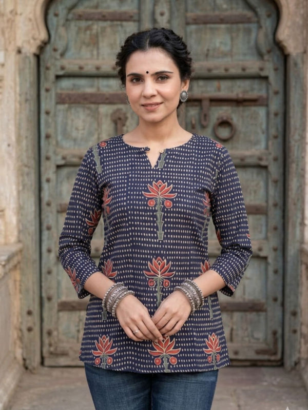 Indiehaat | Handprinted Pure Cotton Top Blue