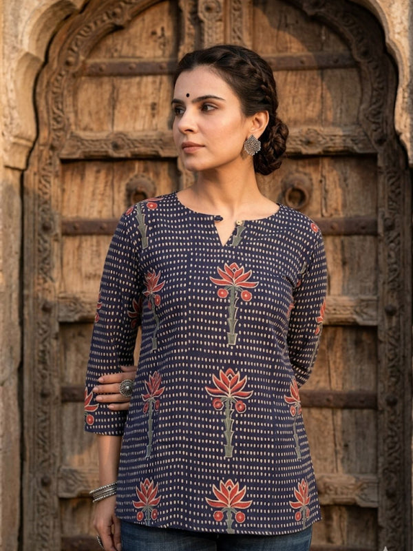 Indiehaat | Handprinted Pure Cotton Top Blue