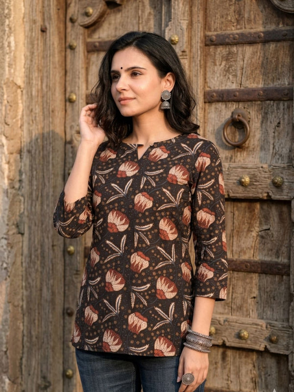 Indiehaat | Handprinted Pure Cotton Top Brown